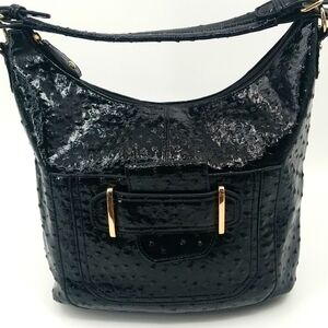 Black Patent Leather Hobo Shoulder Bag with Gold Accents by Sandra Roberts